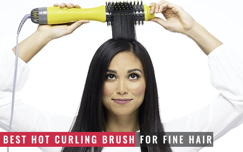 a model is holding one of the best hot curling brush for her fine hair